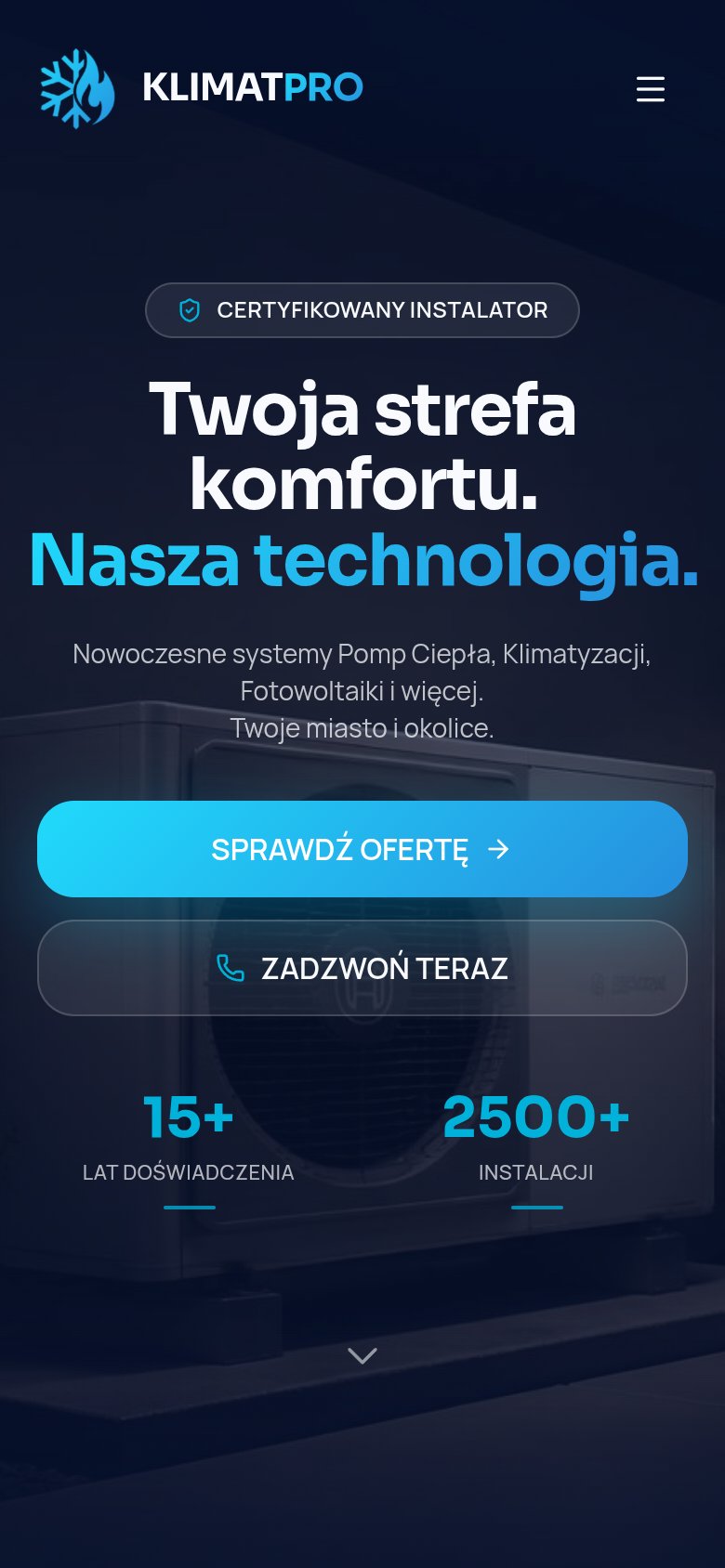 Wzór strony KLIMATPRO: pompy ciepła, klimatyzacja, fotowoltaika